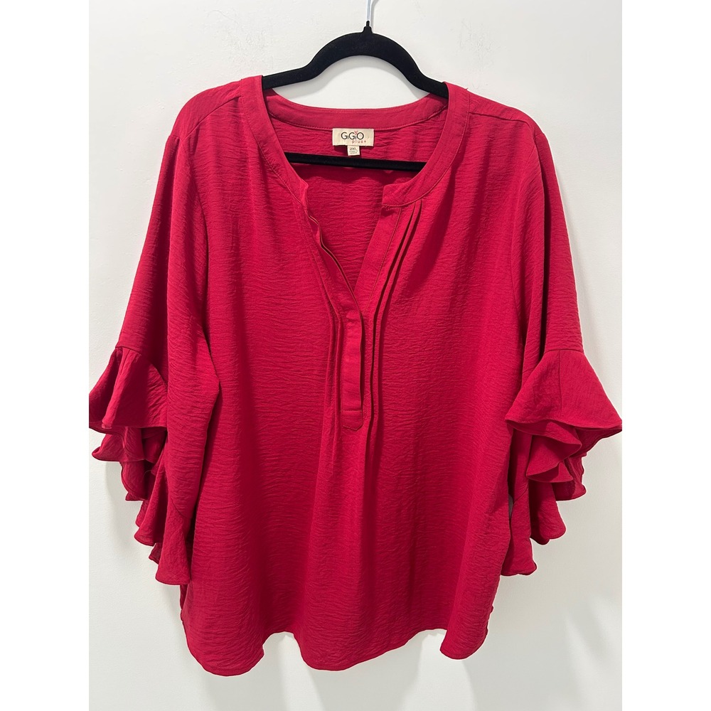 Gigio Plus Red Ruffle Sleeve Blouse Textured Pleated V-Neck Top PS2011 2XL